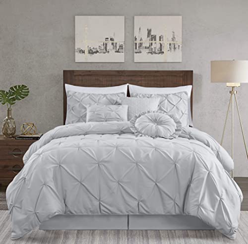 Chezmoi Collection Sydney Full Size Comforter Set - 7-Piece Pintuck Bedding - Light Gray, Elegant Lightweight Pinch Pleat Comforter with Decorative Pillows Bed Set for All Season