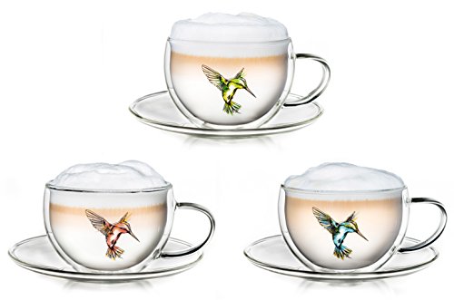 Creano 3 Tazze con piattini Termici Doppia Parete 250ml con Motivo Colibrì - Bicchiere Vetro Borosilicato Stampa Uccello verde rosso blu – Coppa Termica Latte Macchiato Ideale Regalo - Set 3x 250ml