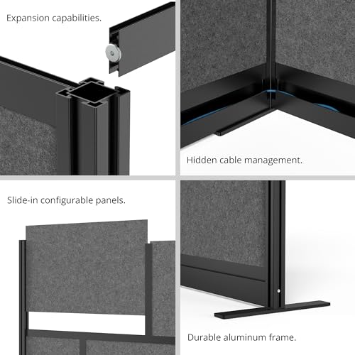 Stand Up Desk Store Workflow Wide Modular Wall | 53\'\' x 70\'\' Wall | Expandable Partition Room Divider with Rearrangeable Frosted Acrylic, Sound Absorbent and Whiteboard Panels (Black Frame)