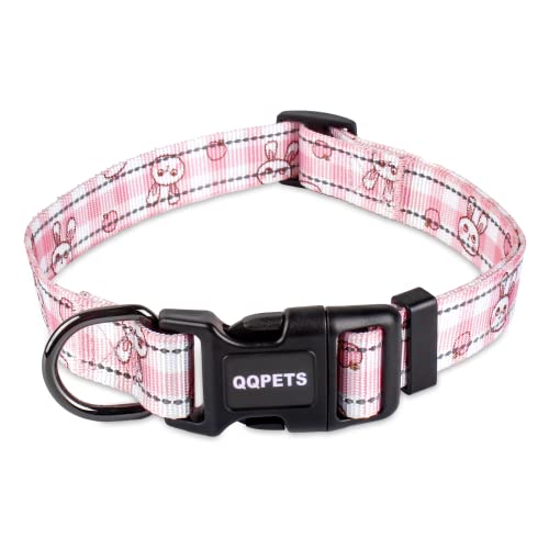 QQPETS Adjustable Soft Dog Collar: Print Flower Pink Multicolor Cute Patterns for XS Small Medium Large Pet Girl Boy Puppy Walking Running Training (M, Pink Bunny)