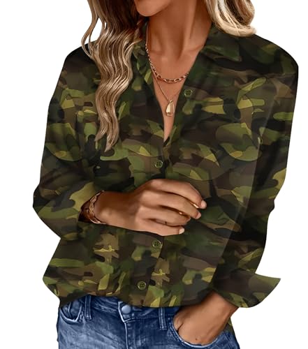 OFEEFAN Womens Button Down Camo Shirts Blouses Business Casual Fashion Outfit Spring Summer Beach Vacation Clothes Resort Wear Boho Tops Print 17 M
