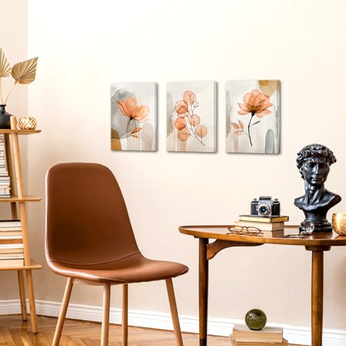 Image of NutArtPic Flower Canvas Wall Art Orange Floral Pictures Minimalist Neutral Wildflower Painting Prints for Home Decor 12''x16''x3pcs