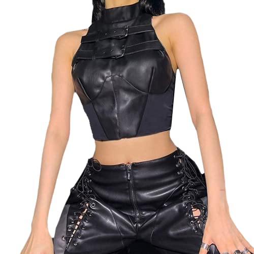 Gothic Leather Halter Cropped Tanks Sexy Split Bandage Backless Skinny Corset Top Punk Style Solid Black PU Vest Ladies2