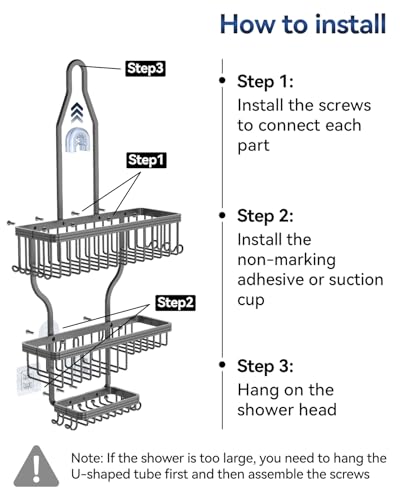 YASONIC Shower Caddy Hanging - Never Rust Organizer - Aluminum over The head caddy with 10 Hooks for Razor/Sponge - Shower Rack with Soap Basket - Grey