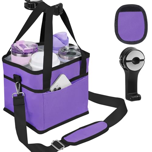 ANTAND 4 Water Bottle Holder with Strap - Multiple Tumbler Insulated Drink Carrier Tote Bag, Reusable Drink Family Size Caddy for Car, Delivery, Adjustable Dividers - 2 in 1 Car Seat Hook Set