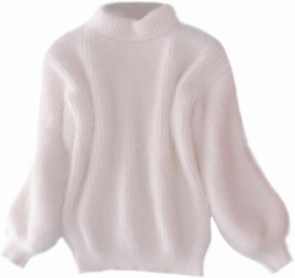 YM YOUMU Women Faux Mohair Fur Sweater Fluffy Jumper Pullover Turtleneck Puff Sleeve Warm White