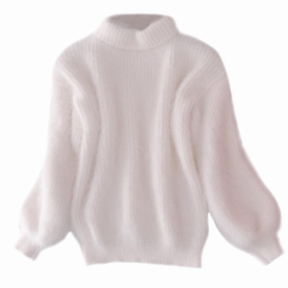 YM YOUMU Women Faux Mohair Fur Sweater Fluffy Jumper Pullover Turtleneck Puff Sleeve Warm White