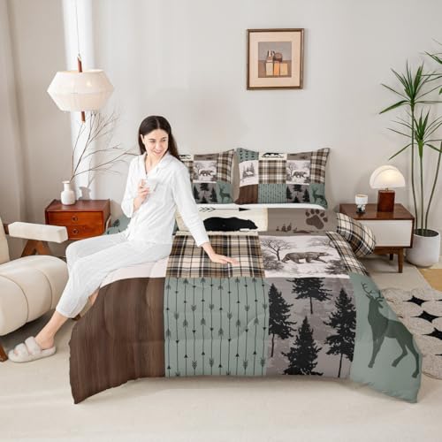 Rustic Farmhouse Kids Comforter Set Twin Size,Deer Antlers Bear Animal Paws Plaids Patchwork Bedding Set for Boys Girls Room Decor,Pine Trees Arrows Down Comforter,Xmas Duvet Insert,1 Pillowcase