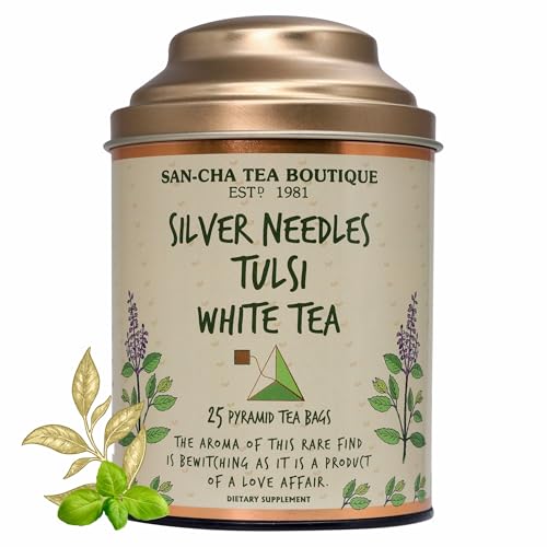 Image of Sancha Tulsi White Tea | 25 Pyramid Bags | Silver Needle White Tea with Pure Tulsi Leaves | Delicate Herbal & Citrus Notes