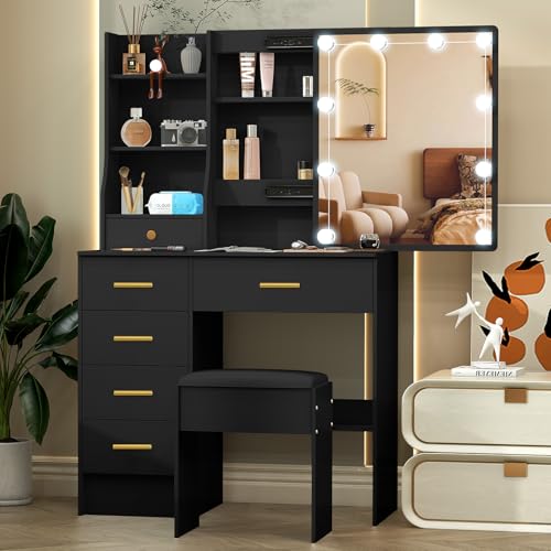Teousev Tocador de Maquillaje con Espejo Deslizante y Luz Regulable, Mesa de Maquillaje Amplia con Taburete, Vanity de Maquillaje con 6 Cajones y 6 Estantes, 36×80×131 cm, Negro, J51228