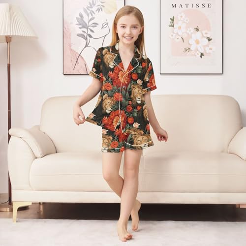 senya Lion with Flowers Satin Summer Pajama Sets Silk Short Sleeve Button Down Sleepwear4