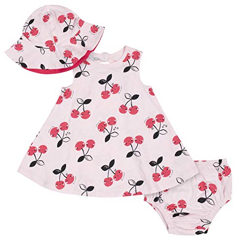 Gerber Baby Girls' 3-Piece Sundress, Diaper Cover and Hat Set, Cherry, 3-6 Months