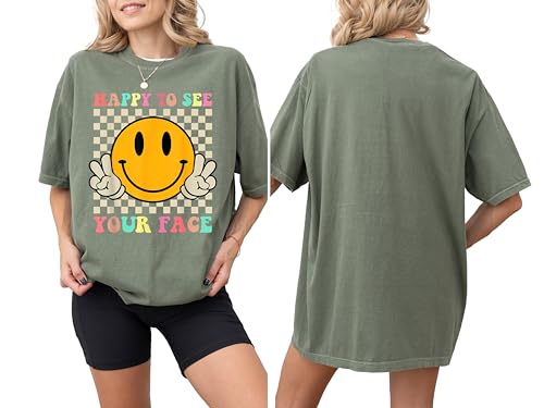 FastDeliveryTees Back to School Teacher Smiley Face Peace Sign 90s Fashion T-Shirt for Unisex Retro Pop Culture Fans Schoold Staff Shirt for First Graders