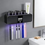 Smart Toothbrush Sterilizer & Holder with Toothpaste Dispenser - Shmian 6-Slots Wall Mounted Cleanser with Rapid Drying, LED Display and 3Cups, Rechargeable for Family Bathroom (Dark Grey)