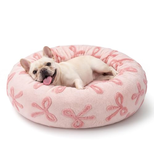 JOEJOY Jacquard Donut Round Small Dog Beds,Pink 23x23x8in, Removable Washable Cover, Cute Pattern, Ultra Soft Fluffy Calming Pet Bed with Thick Supportive Bolster