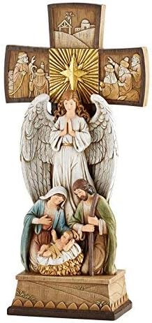 Christian Brands Beautiful Christmas 14" H Tabletop Nativity Cross. One Piece Nativity Set with Figures of The Holy Family and and Holy Spirit Angel and Detailed Carvings of Three Kings, Shepherds