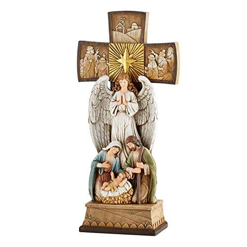 Beautiful Christmas 14" H Tabletop Nativity Cross. One Piece Nativity Set with Figures of The Holy Family and and Holy Spirit Angel and Detailed Carvings of Three Kings, Shepherds