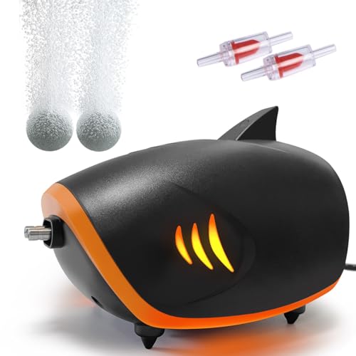 PYPABL Pompe à Air Puissante pour Aquarium 420L/H, 4W Pompe à Oxygène Silencieux à 2 Sorties Métalliques avec Lumière LED, Pompe à Air Réglable pour...