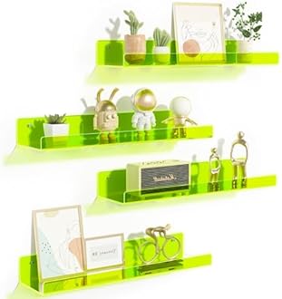 upsimples Acrylic Shelves for Wall Decor, 15" Display Shelf for Figure, Nail Polish, Wall Organizer for Bathroom, Bedroom, Living Room, Playroom, Kids Bookshelf, Clear Fluorescent Green, 4 Pack