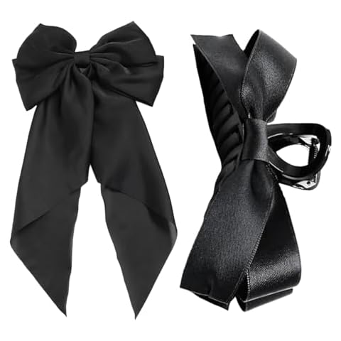 Duedusto Hair Bows Clips for Women, Black Hair Bows Barrettes & Jaw Clip for Thick Thin Hair, Nonslip Hair Accessories for Girls, 2 PCS Large Satin Bows Cover