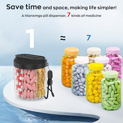Image of HIONXMGA Pill Dispenser with 7 Large Compartments, 4.4 inch H x 3.6 inch Dia Pill Bottle Organizer for Travel,Supplement Organizer with Anti-Mixing Design,BPA-Free Pill Container with 20 Pcs Labels Black 2pcs