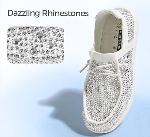 Image of BELOS Women's Rhinestone Lace Up Loafers Shoes Comfortable Slip On Mesh Knit Walking Shoes Fashion Lightweight Sparkly Glitter Sneaker