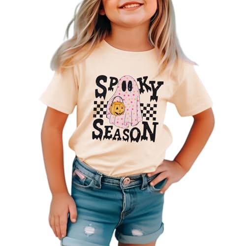CM C&M WODRO Toddler Baby Girls Halloween Shirt Spooky Season T-Shirt Funny Ghost Pumpkin Graphic Short Sleeve Tee Kids Top (Beige, 5-6X)