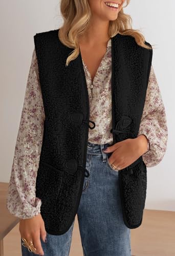 Merokeety Women'S Fuzzy Fleece Vest Sherpa Jacket Sleeveless Button Fall Warm Outerwear With Pockets thumb #1