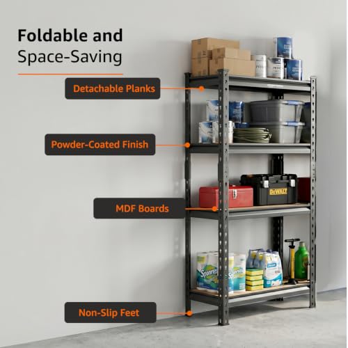 Image of Amazon Basics 4-Tier Storage Rack | Bolt-Free Assembly | Metal Stand & Thick MDF Board | 175kg Capacity Per Shelf | 54H x 24W x 12D inch Adjustable Shelf Rack for Home, Garage & Shop | Black