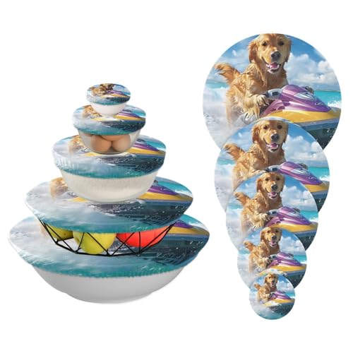 Golden Retrievers - Cubiertas para tazones de lanchas motoras, 5 unidades, reutilizables, fundas de almacenamiento de alimentos, fundas elásticas de tela elástica para platos para cocina y picnic