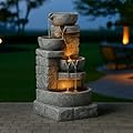 Teamson Home 33" Outdoor Water Fountain with LED Lights, 3-Tier Cascading Bowls, Weather-Resistant Resin Garden Water Feature for Patio, Lawn, and Backyard Decor – Stone Gray