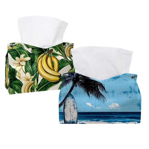 Paquete de 2 tablas de playa de palmera (1) cubierta de caja de pañuelos de cuero facial dispensador de pañuelos para tocador de baño decorativo