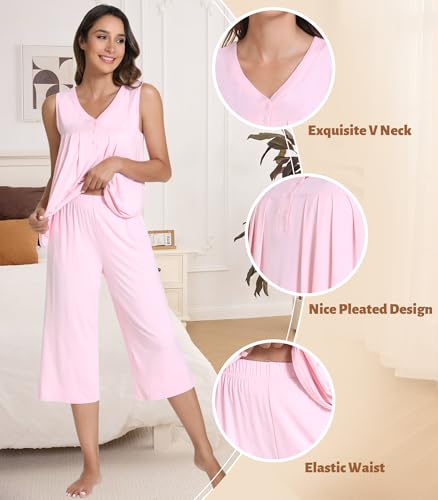 Image of NACHILA Pajamas for Women-Viscose Made from Bamboo, Sleeveless Pjs Tank Top Capri Pants Pajama Sets Cooling Sleepwear