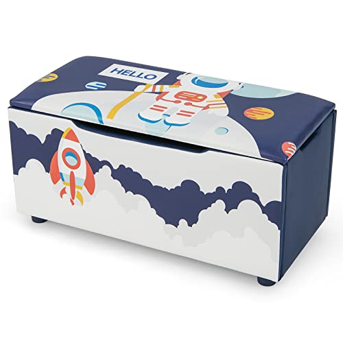 GOPLUS Caja de Almacenamiento 2 en 1 para Niños con Tapa Desmontable, Banco de Almacenamiento con Ranuras Antipinzamiento, Correa de Tracción, Caja de Almacenamiento, 75x36x38CM (Azul (astronauta))