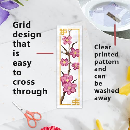 Image of INFUNLY 6PCS Plum Blossom Cross Stitch Bookmark Kit for Adults Bamboo Cross Stitch Kits DIY Crossstitch Kits Flowers Stamped Embroidery Bookmark Kit with Instructions for Book Lovers Readers