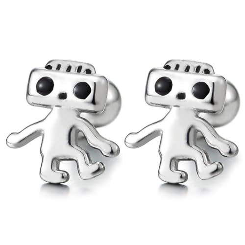 Robot Stud Earring with Black Enamel Details, Mens Womens Small Stud Earrings in Steel, Screw Back