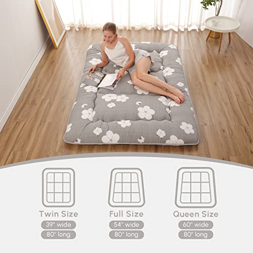 Zelladorra Japanese Floor Mattress Full, Futon Mattress with Storage Bag and Washable Cover, Roll Up Tatami Mat Suitable for Guest Room, Grey Cotton