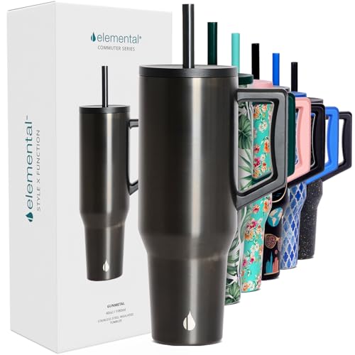 Image of Elemental Spill Proof 40oz Insulated Tumbler with Handle & Straw Travel Mug | Stainless Steel Commuter Travel Coffee Mug for Cold Beverages, Includes 2 Straws & a Spill Proof Lid for Everyday Use