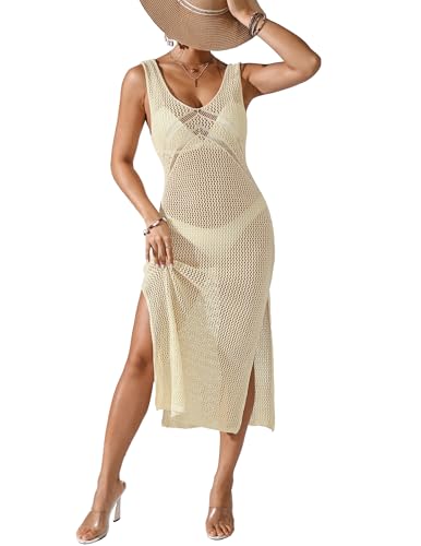 Womens Crochet Sexy Beach Swimsuit Cover Up Fall Casual Boho Sheer V Neck Sleeveless Slit Summer Midi Dress 2024