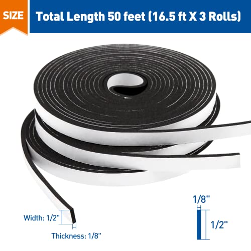 Image of MAGZO Weather Stripping Door Seal, 1 /2 Inch Wide X 1 /8 Inch Thick Adhesive Foam Tape Soundproof Weatherstripping for Windows, 3 Rolls Total 50FT Black