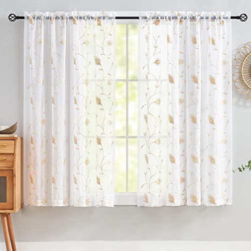 Image of Embroidery Sheer Curtains Beige 63 Inch Length, Rod Pocket Voile Drapes for Living room, Bedroom, Window Treatments Semi Crinkle Curtain Panels for Yard, Patio, Villa, Parlor, Set of 2, 52 inchx 63 inch.