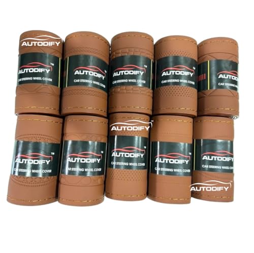 Image of Ten with Orange Stitch Leather Steering Wheel Cover Universal Fit Anti Slip Breathable Comfortable Grip Durable & Stylish for Cars Easy Install Long Lasting ProtectionNon SlipDesign.