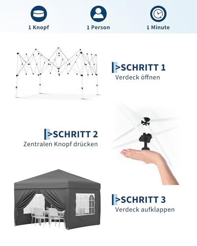 Faltpavillon 3x3 m wasserdicht stabil mit 4 Seitenwänden – Pop up Pavillon faltbar aus 420D Oxford, UV-Schutz 50+, 3-Fach höhenverstellbar, Partyzelt mit Tragetasche für Garten & Outdoor Grau