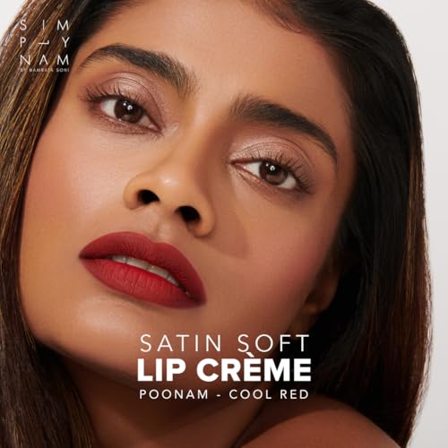Image of SIMPLYNAM Satin Soft Lip Creme | 1 Swipe Full Coverage | Hydrating, Creamy Matte Finish | 6 -8 Hour Stay | Transfer-Proof & Smudge-Proof | Infused with Peptides & Squalane | Vegan | 5ML | Poonam- Cool Red