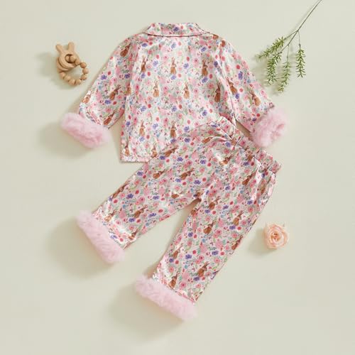 MAINESAKA Toddler Girl Button Down Pajamas Set Cute Bow Print Feather Trim Long Sleeve Sleep Shirt + Pants Set Girls Fall Pjs3