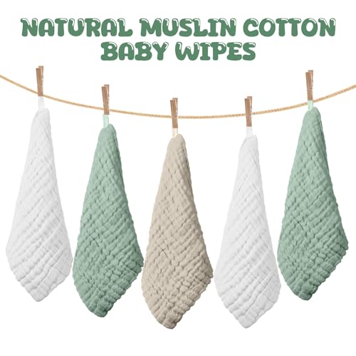 Image of Breling 20 Pcs Baby Muslin Washcloth 12 x 12 Inch 100% Cotton Soft and Absorbent Muslin Washcloth Burp Cloth Wipe Newborn Face Towel for Baby Boy Girl Sensitive Skin (White, Khaki, Dark Green)