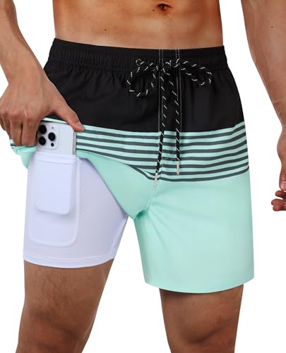 Gleeease 5inch Mens Swim Trunks: Compression Liner 2in1 Quick Dry Stretchy Comfort Soft Drawstring Pockets Striped Blue Beach