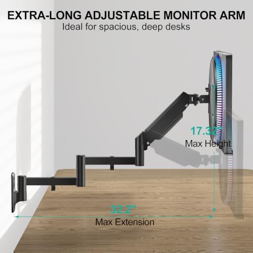 Image of WALI Long Arm Monitor Wall Mount for 17-33 inch Screens, Extra Long Reach Single Wall Mount Monitor Arm, Full Motion Adjustable Vesa Wall Bracket 75x75 /100x100mm, up to 17.6lbs (GSWM001L), Black