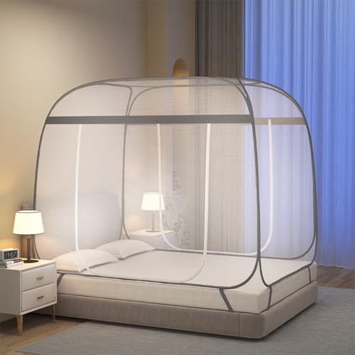 Image of HASTHIP Double Bed Mosquito Net with Stand Pop Up Fine Mesh Canopy Tent Frame with Dual Door for Bedroom 180x200x145cm