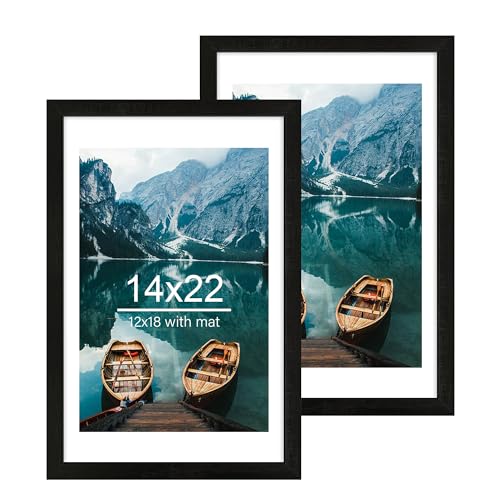 Hongkee 14x22 Picture Frame Set of 2 Rustic Black Wood Style - Display 14 x 22 Picture without Mat or 12x18 Picture with Mat Wall Mounting Horizontal and Vertical